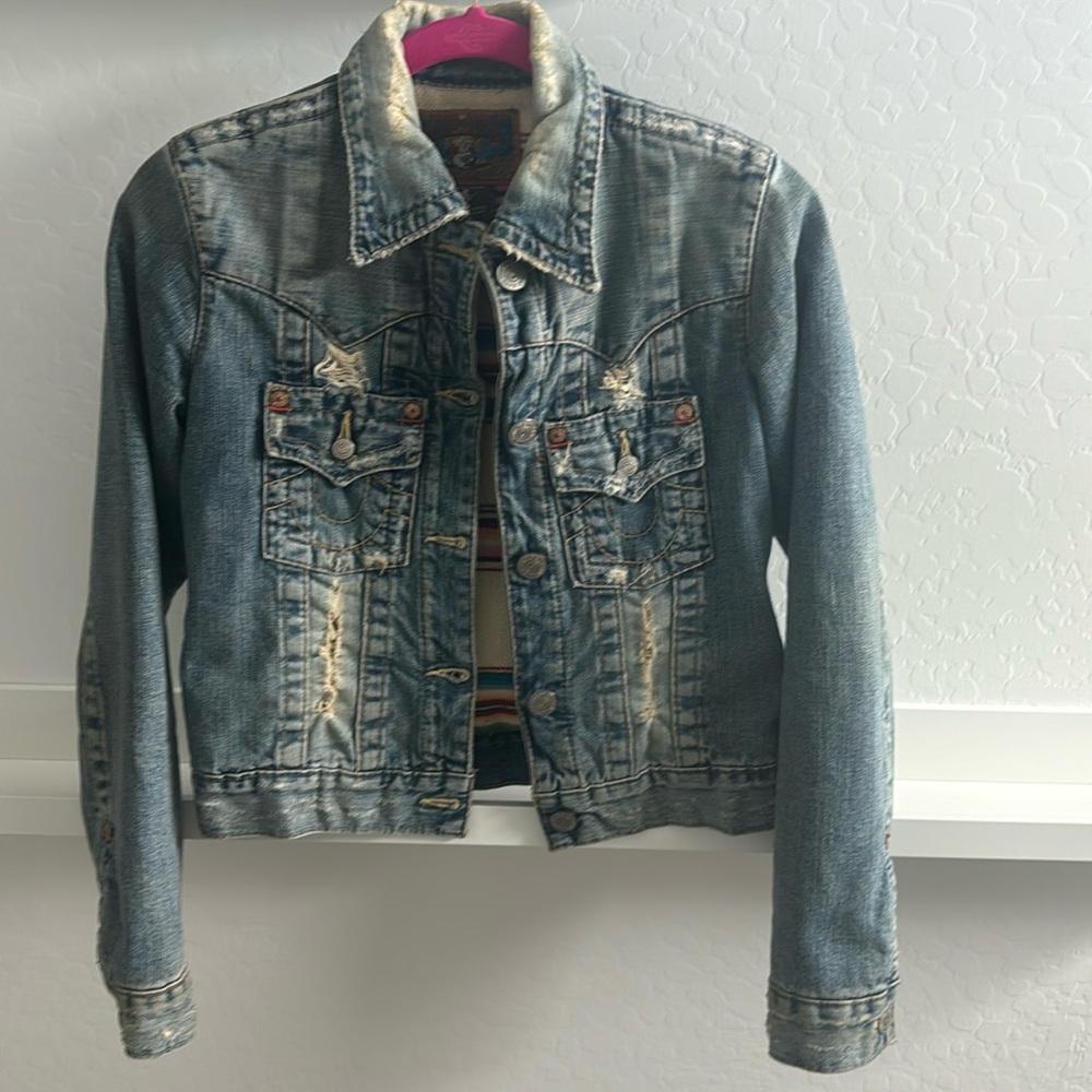 True Religion distressed denim jacket, size XS